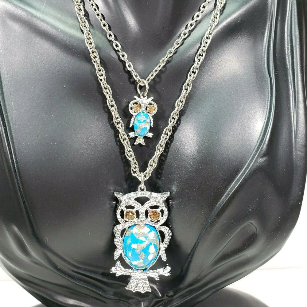 Silver Owl and Baby Owl Necklace Faux Turquoise